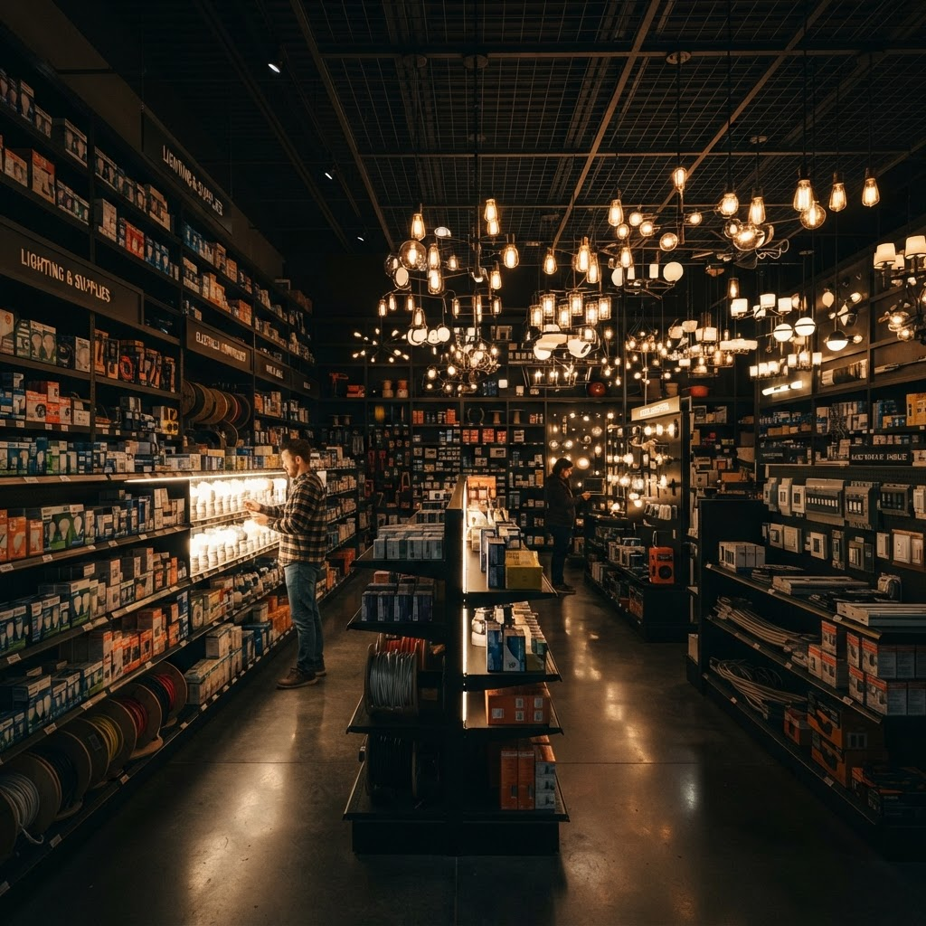 Interior da loja Faísca com materiais elétricos e iluminação